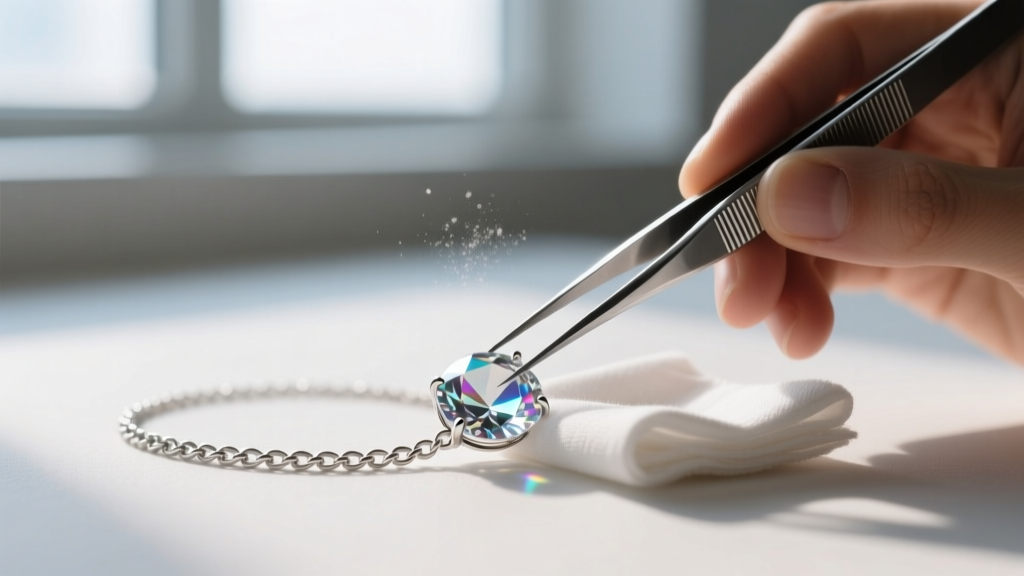 Jeweler using precision tweezers and a microfiber cloth to clean a cloudy crystal inclusion on a delicate silver chain necklace.