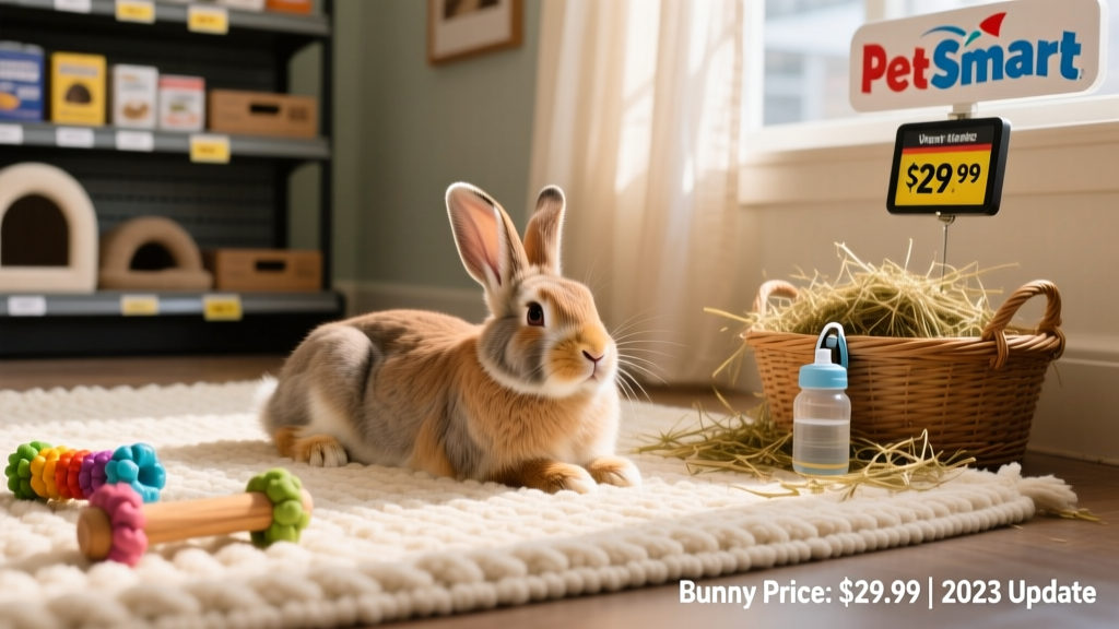 A happy, relaxed rabbit lounging on a soft rug beside chew toys and fresh hay