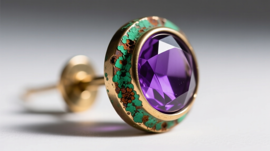 Close-up of a cheap brass earring post with a purple glass stone showing green oxidation and tarnish on the metal backing.