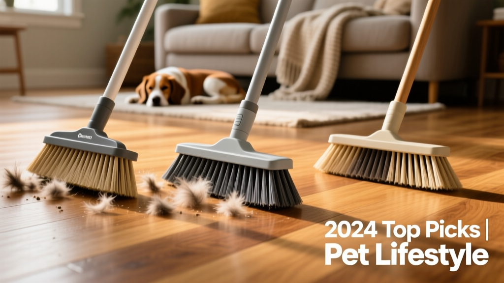 Side-by-side comparison of three different brooms sweeping dog hair on hardwood flooring