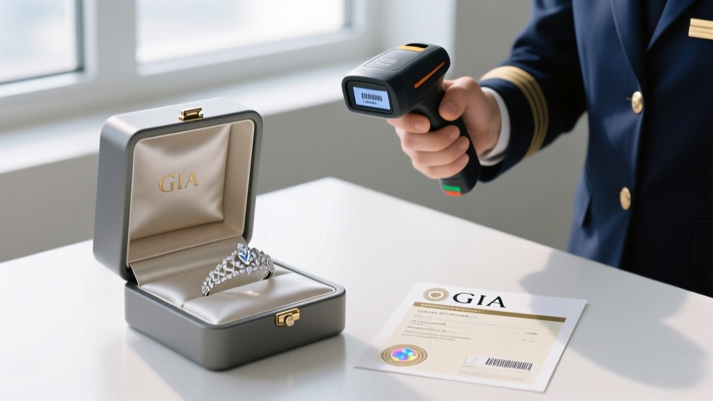 Tamper-evident box with a rented diamond bridal tiara and GIA certificate, scanned by a courier with a handheld barcode reader.