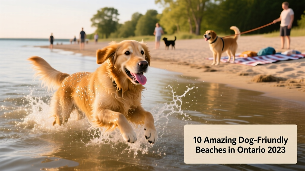A golden retriever happily splashing in shallow Lake Erie water at a sunny Ontario beach