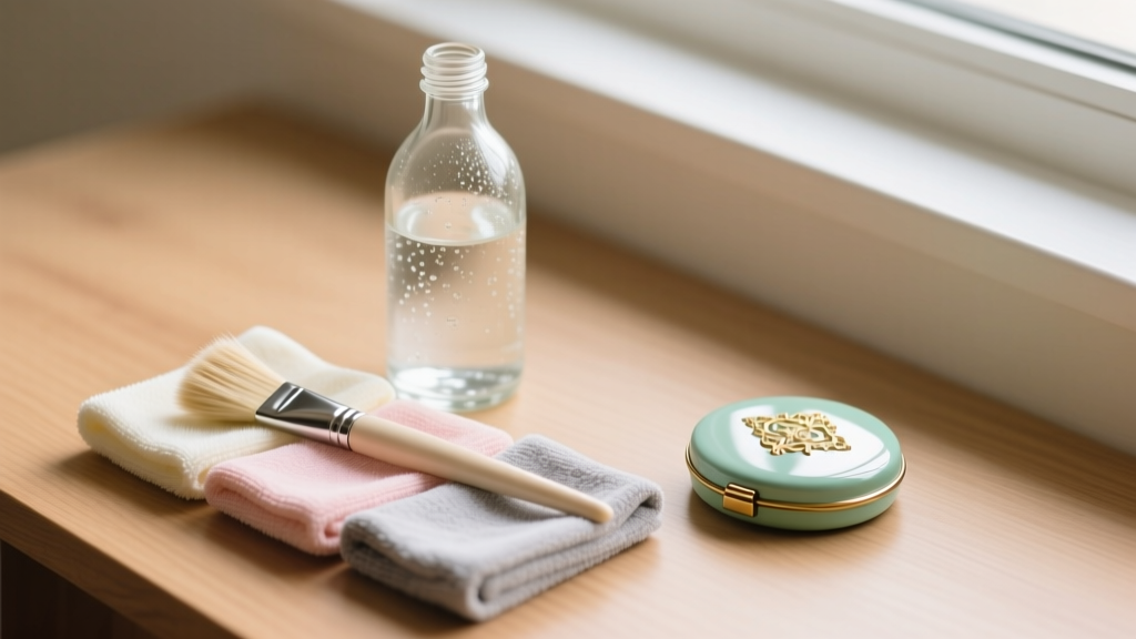 Overhead view of a cleaning setup with distilled water, soft sable brush, and microfiber cloths next to a vintage enamel compact