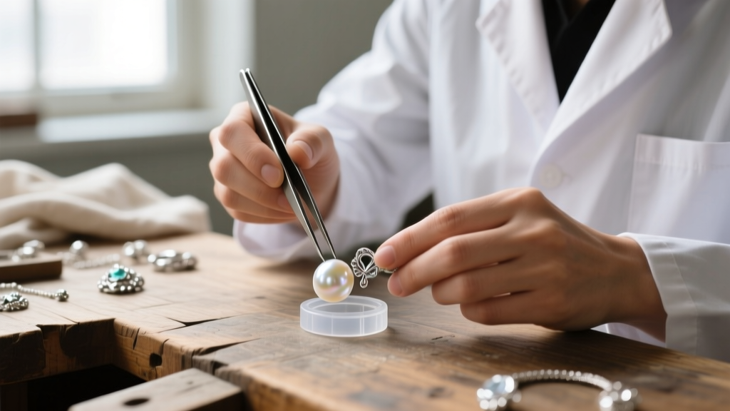 Jeweler using tweezers to place a clear silicone spacer bead between a freshwater pearl and a silver charm on a wooden workbench.