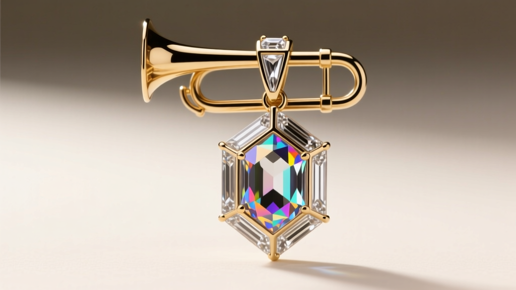 Macro shot of an Art Deco geometric rhinestone pendant showing baguette-cut lead glass and a brass trombone clasp mechanism.