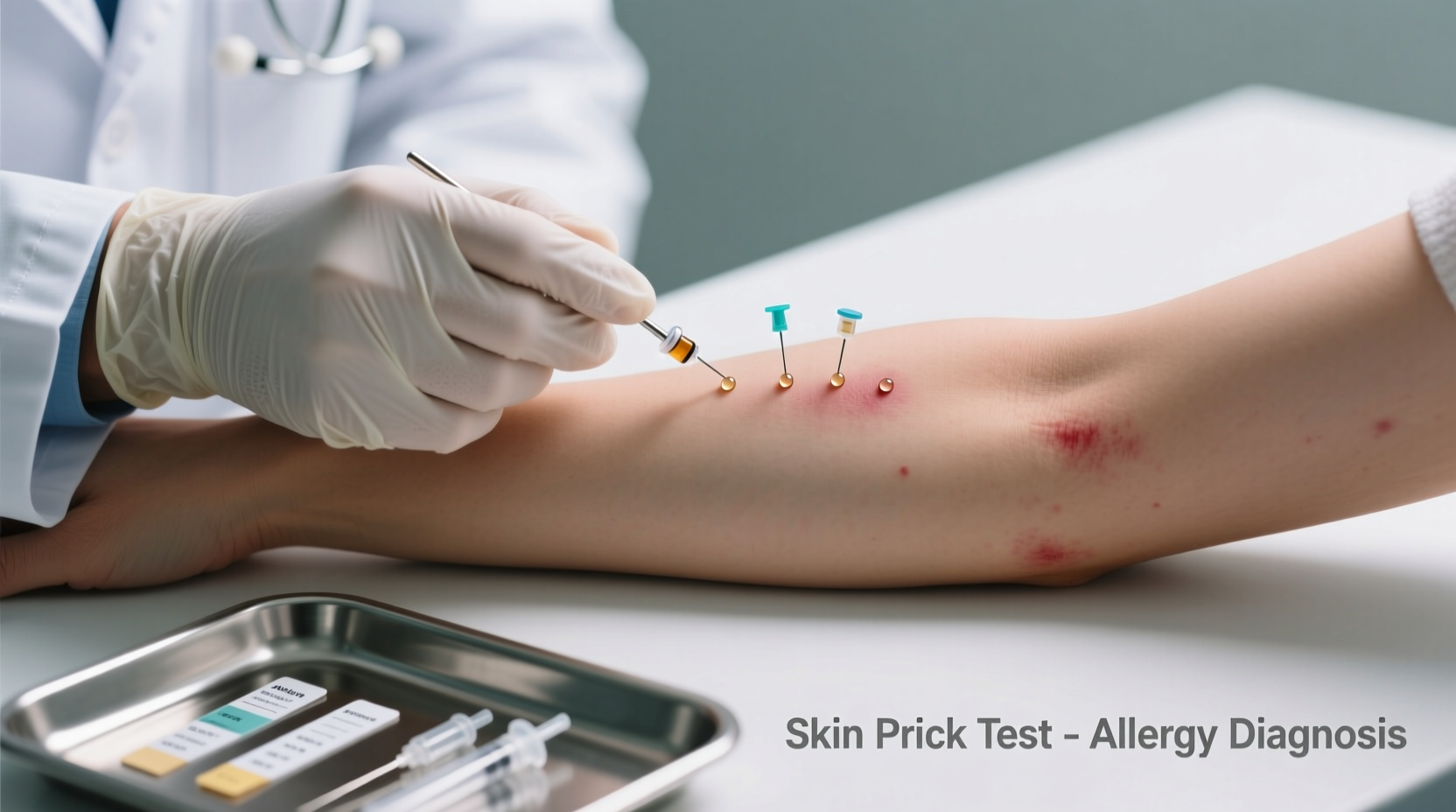 Allergist performing skin prick test on patient's arm