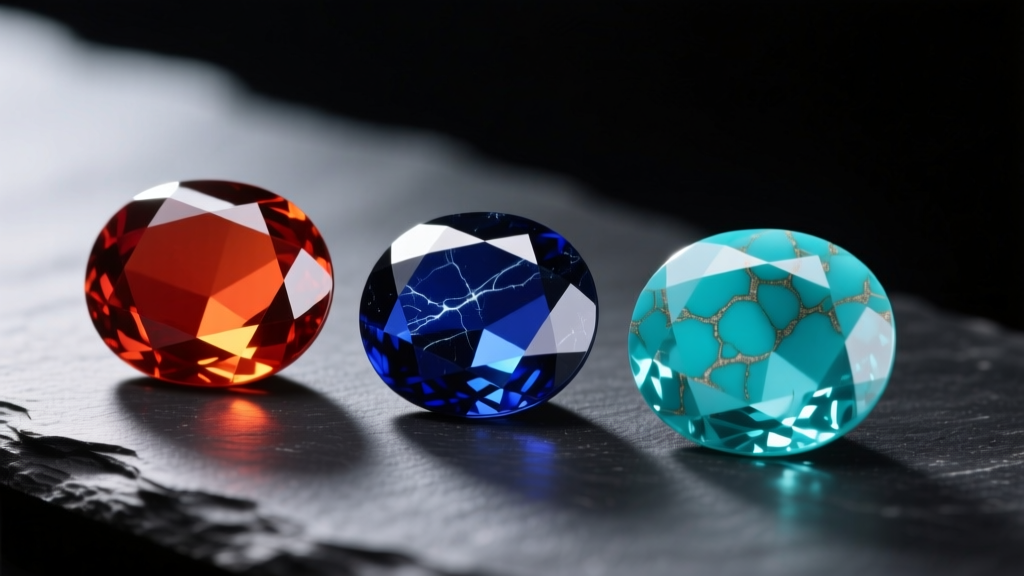 Macro shot of polished carnelian, lapis lazuli, and turquoise cabochons resting on dark slate with soft directional lighting.