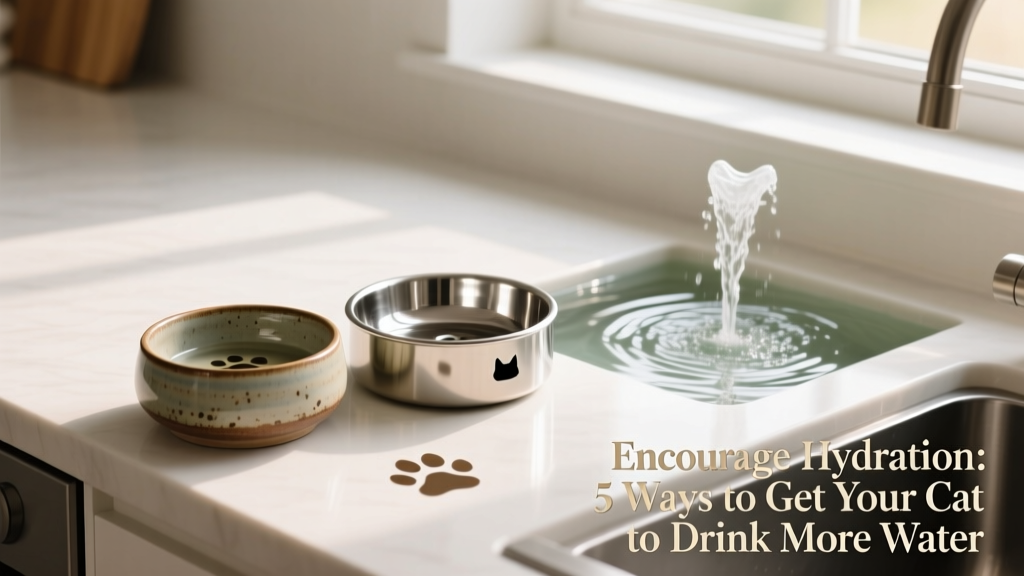 Ceramic and stainless steel cat water bowls arranged on a clean countertop beside a small water fountain