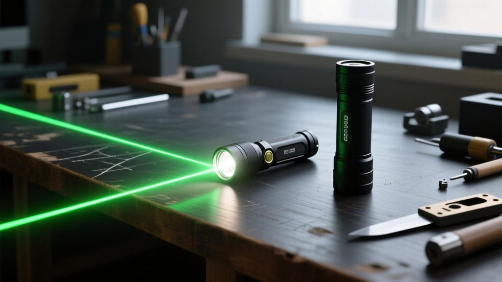 Flat EDC flashlight emitting green laser beam next to cylindrical high-CRI flashlight illuminating a dark workspace workbench
