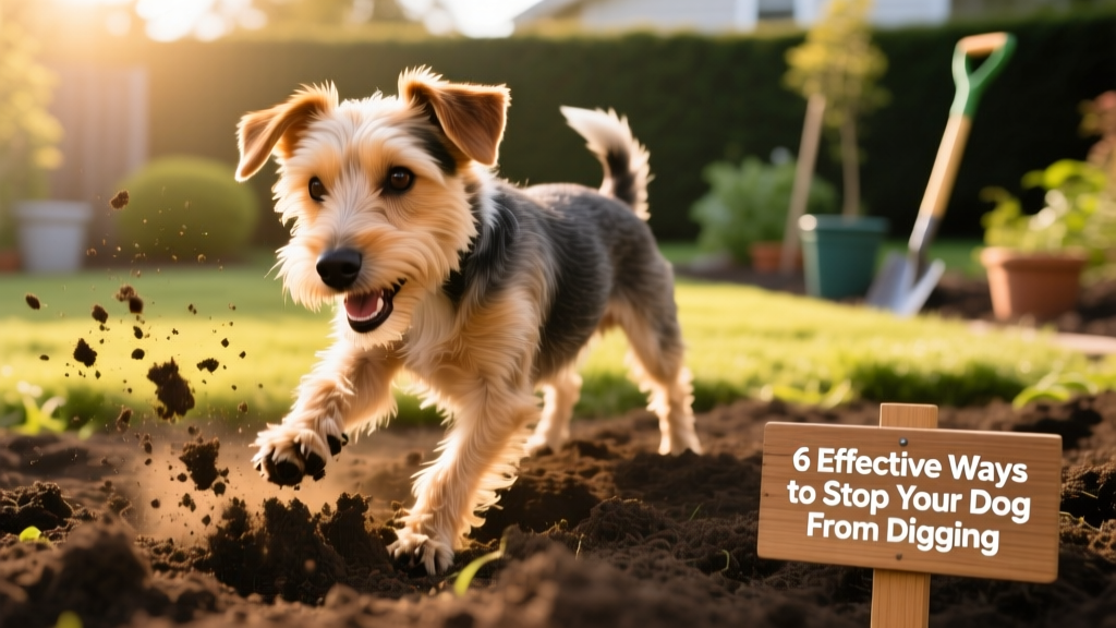 A happy terrier digging enthusiastically in soft, sunlit soil