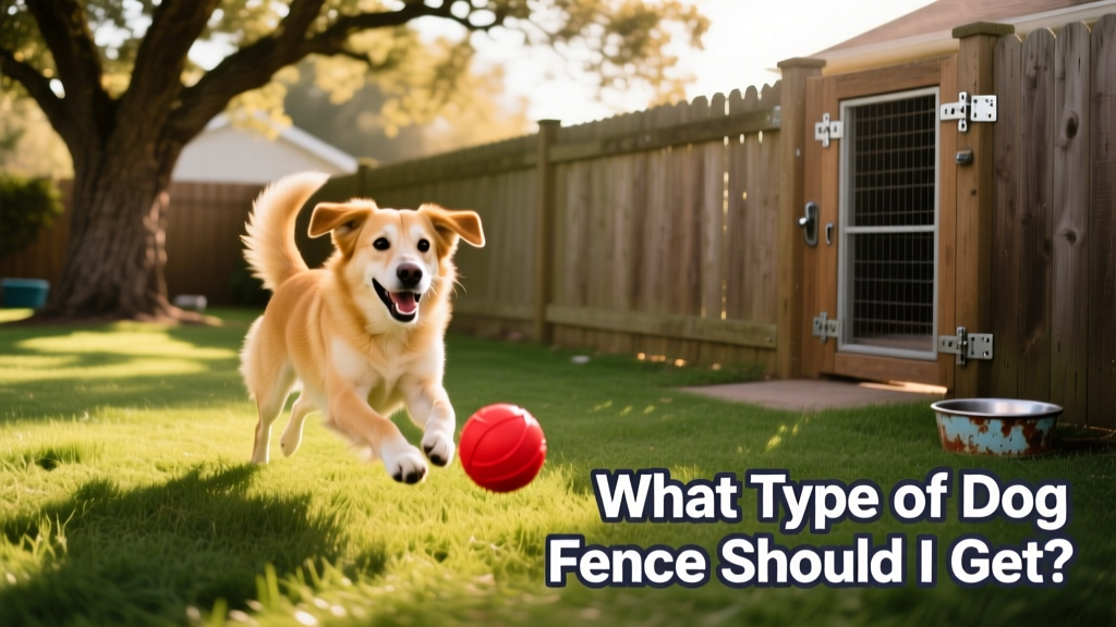 A happy medium-sized dog playing safely in a fenced backyard with green grass and trees