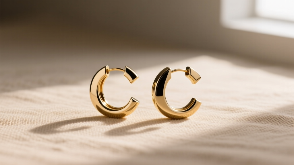 Flat lay of authentic Chloe Betty hoop earrings featuring the signature C motif resting on textured beige linen with soft shadows.