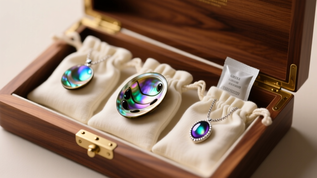 Abalone shell jewelry stored in soft cotton pouches inside a cedar-lined wooden box next to a small silica gel packet.
