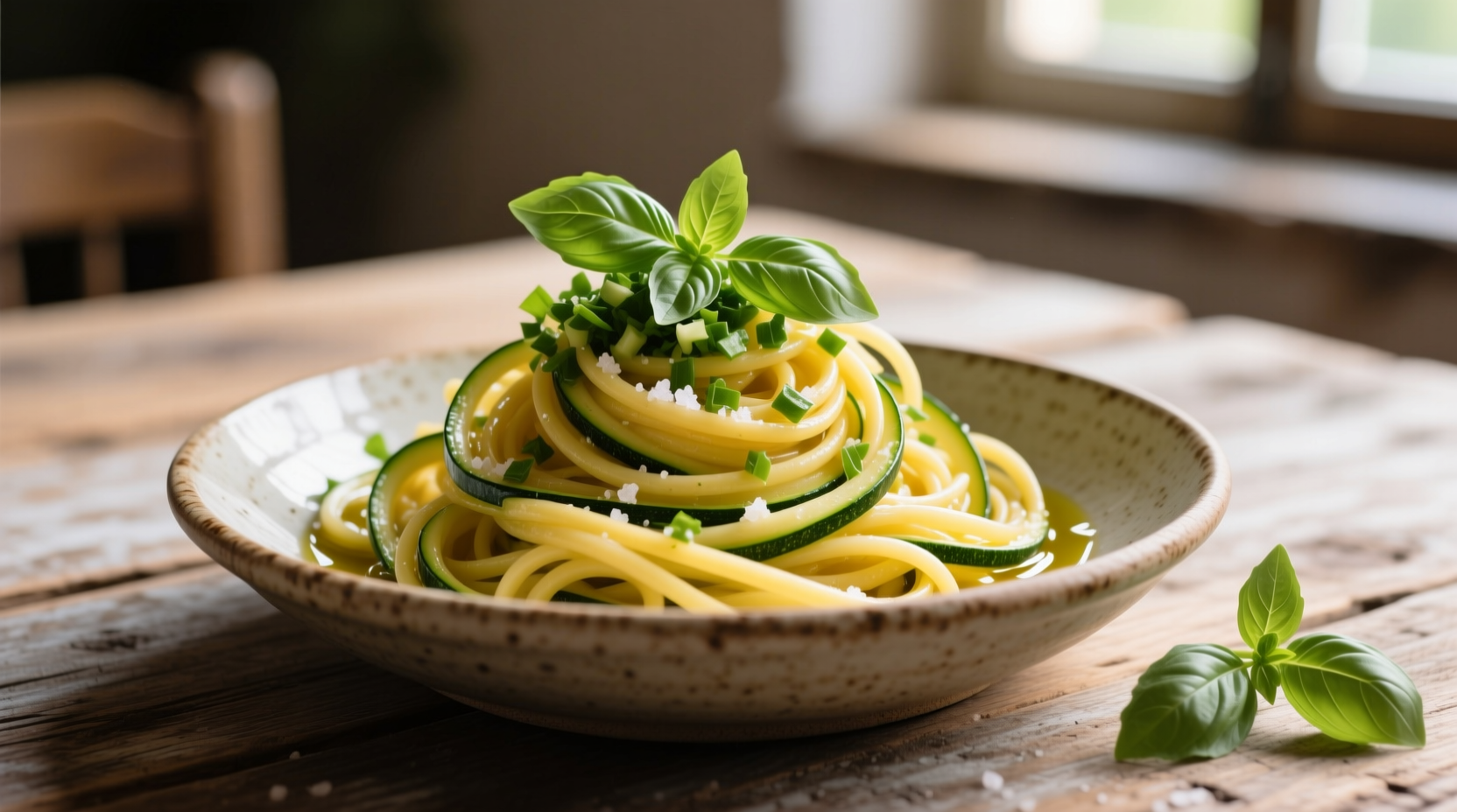 Fresh zucchini pasta with basil garnish