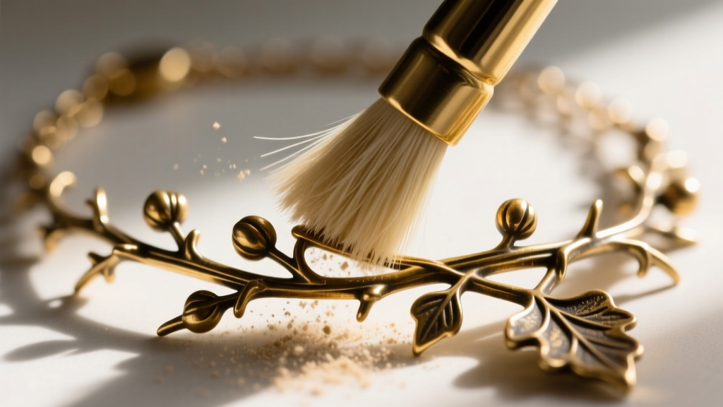 Soft horsehair brush cleaning intricate crevices of a brass botanical bramble necklace, removing dust without scratching the metal.