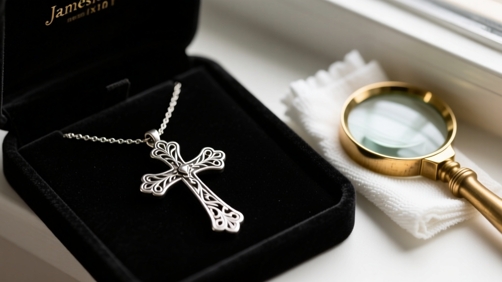 A tarnished sterling silver James Avery cross necklace on black velvet beside a microfiber cloth and a brass 10x jeweler's loupe.