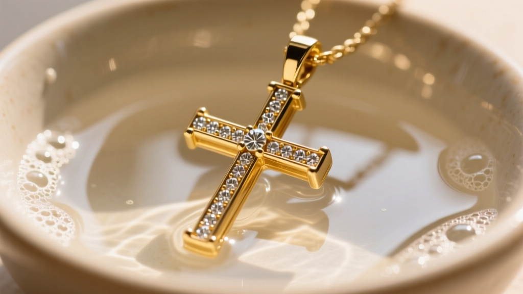 Close-up of a classic 14k yellow gold cross pendant with small pavé diamonds resting in a ceramic bowl of warm soapy water.