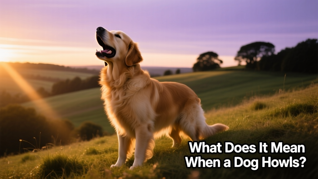 A golden retriever howling with mouth open, outdoors at dusk