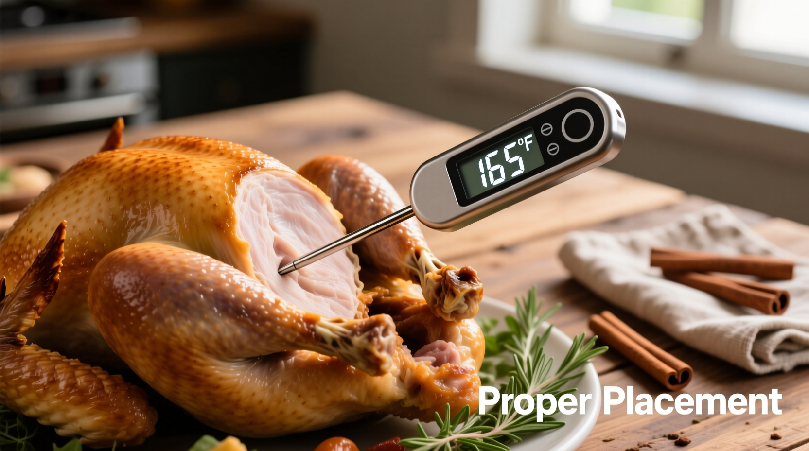 Turkey cooking thermometer showing proper placement