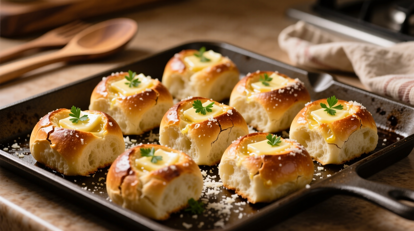 Golden garlic bread rolls on baking sheet