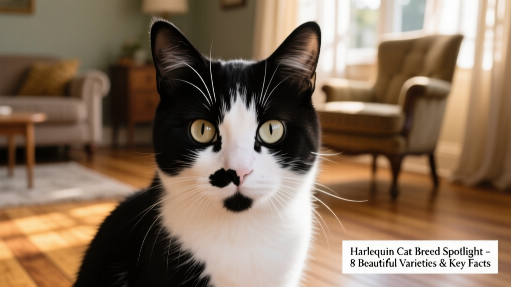 A close-up portrait of a striking black-and-white harlequin cat with expressive eyes and soft fur