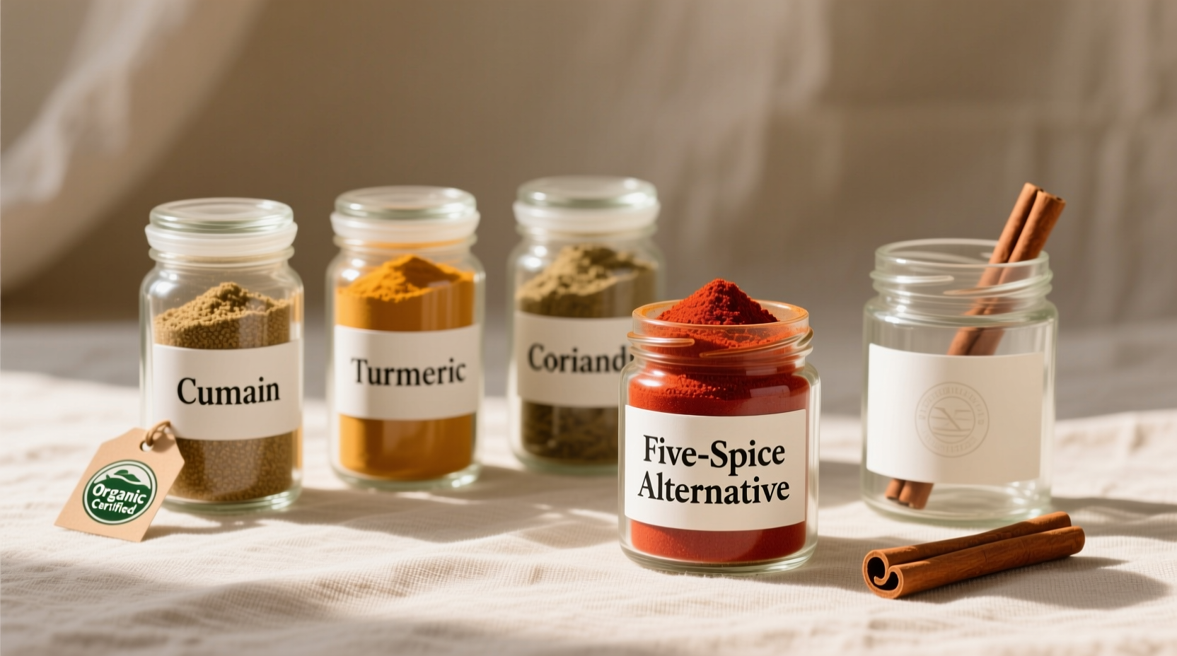 Five spice powder alternatives in glass jars
