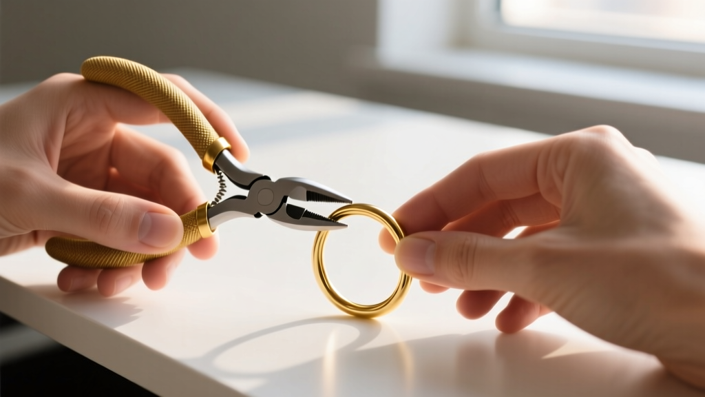 Hands holding nylon-coated round nose jewelry pliers, gently adjusting an 18-gauge gold seamless nose hoop on a clean white desk.