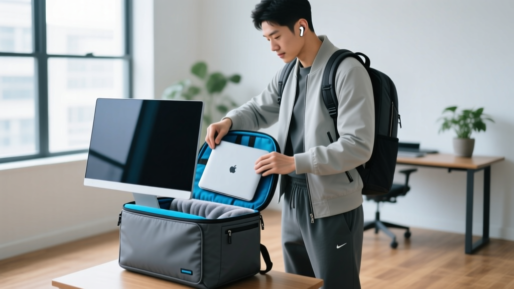Tech enthusiast packing a 15-inch portable monitor and laptop into a specialized padded sleeve inside a sleek travel backpack