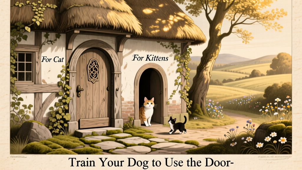 Vintage-style illustration showing a whimsical 17th-century cottage with two small arched openings in the door labeled 'For Cat' and 'For Kittens'