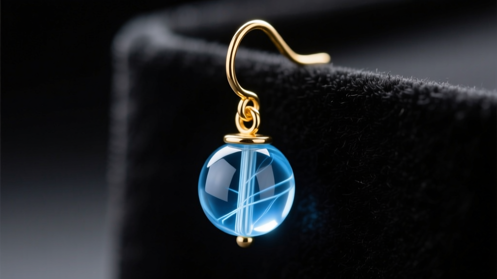 Macro shot of a dangle bead earring featuring a translucent blue glass bead on a 20-gauge gold wire hook against dark velvet