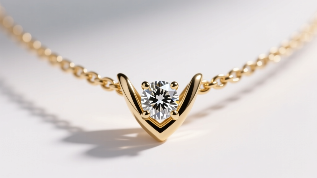 Macro shot of a u-prong diamond setting on a gold riviere necklace, showing minimalist metal prongs maximizing light return.
