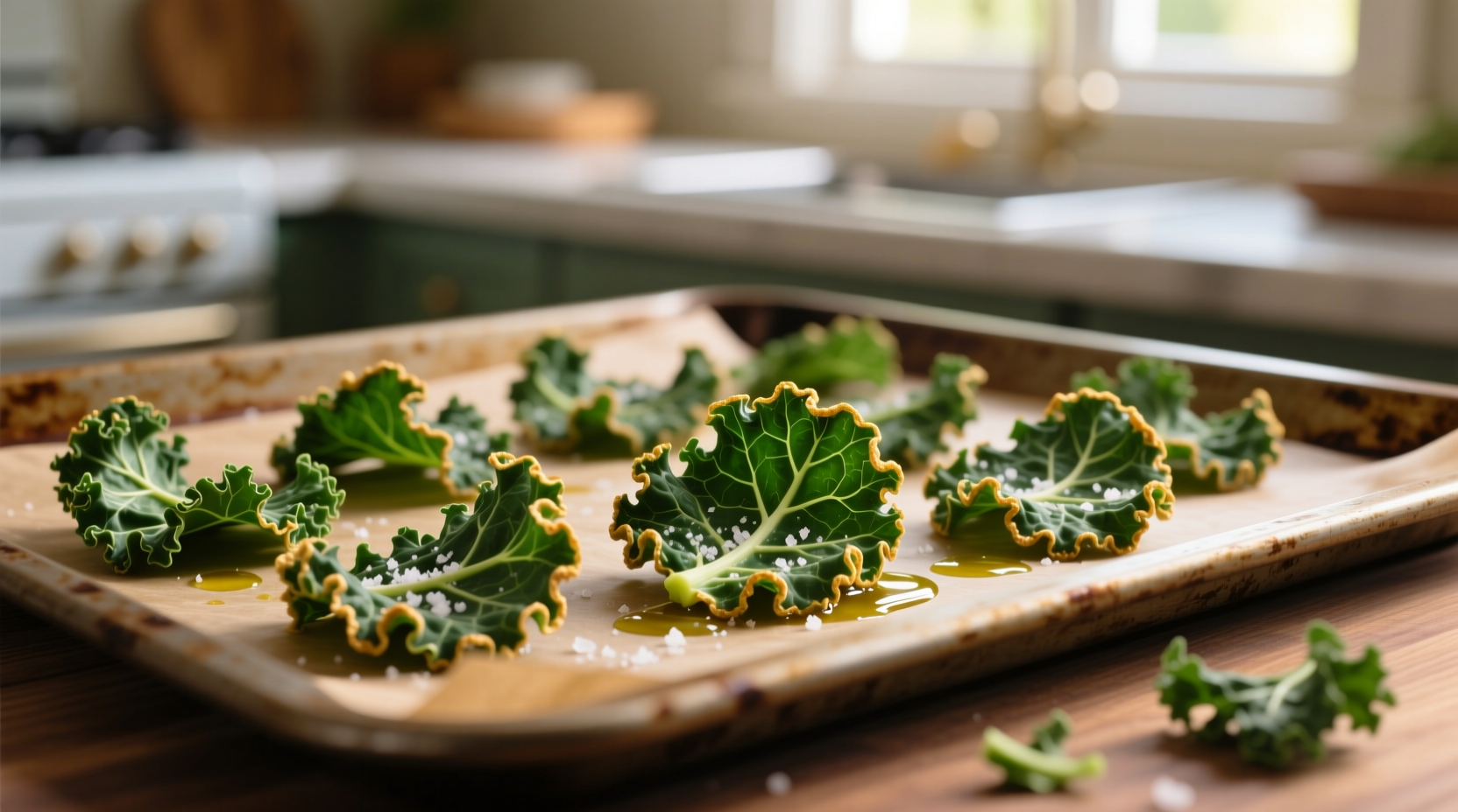 Homemade kale chips on baking sheet