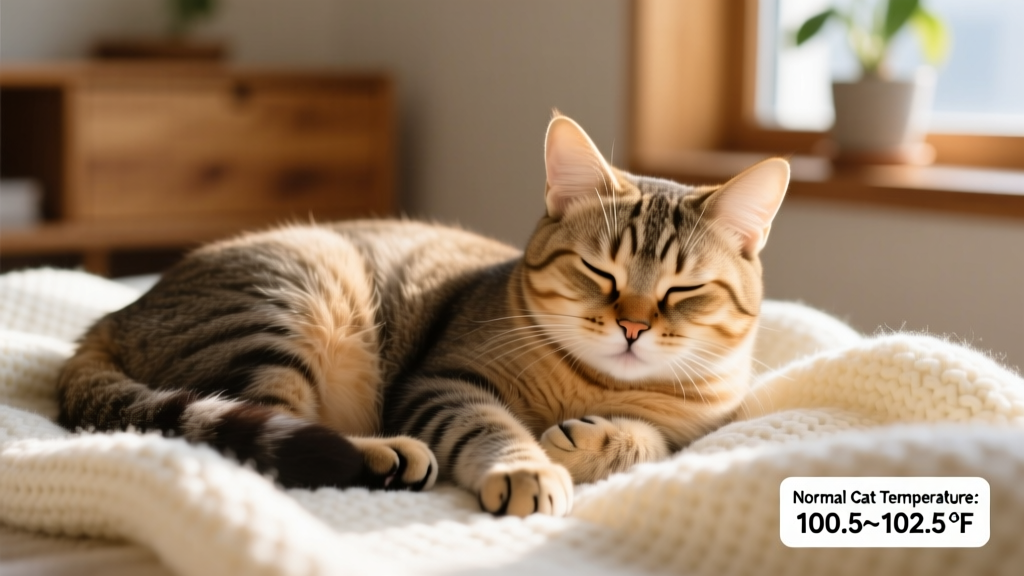 Close-up of a calm cat resting on a soft blanket, showing relaxed posture and healthy coat