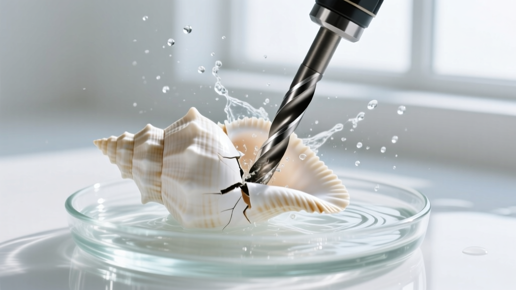 Action shot of a diamond-coated rotary drill bit piercing a white conch shell submerged in a shallow glass dish of cooling water.