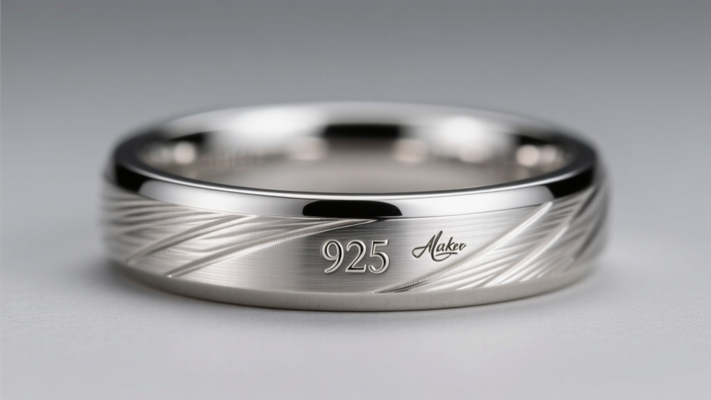 Extreme close-up of a sterling silver ring shank showing a crisp 925 hallmark and maker mark under bright jeweler loupe lighting