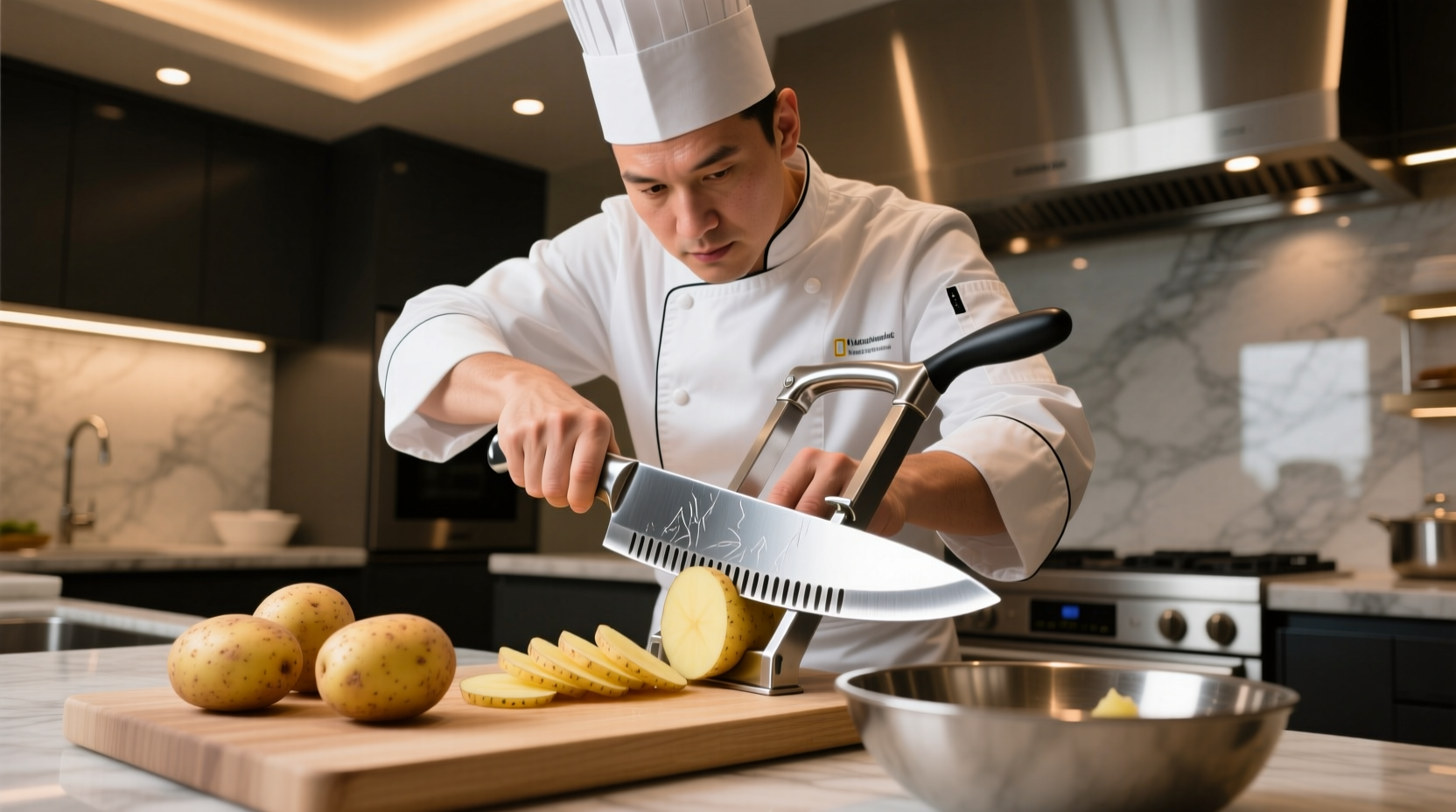 Professional chef using stainless steel potato chip slicer