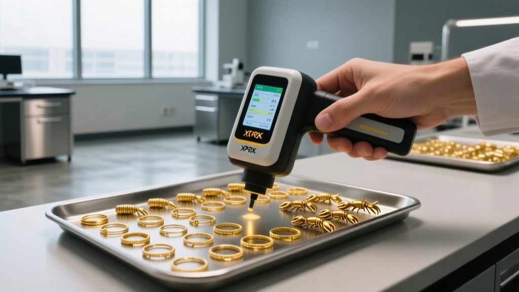 Close-up of a handheld XRF analyzer scanning a tray of wholesale gold jump rings and lobster clasps in a modern assay office