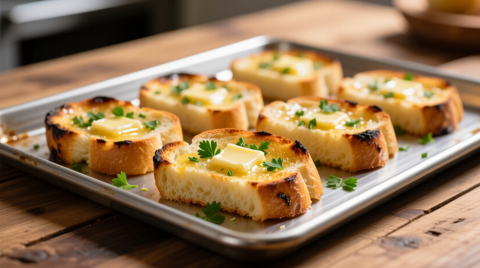 Golden garlic bread slices on baking sheet