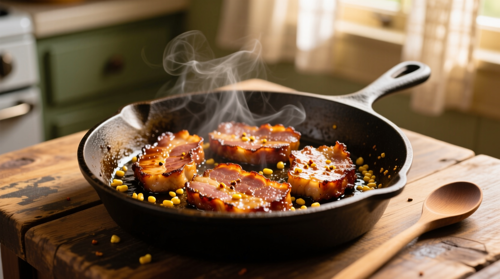 Golden brown scrapple slices in cast iron skillet