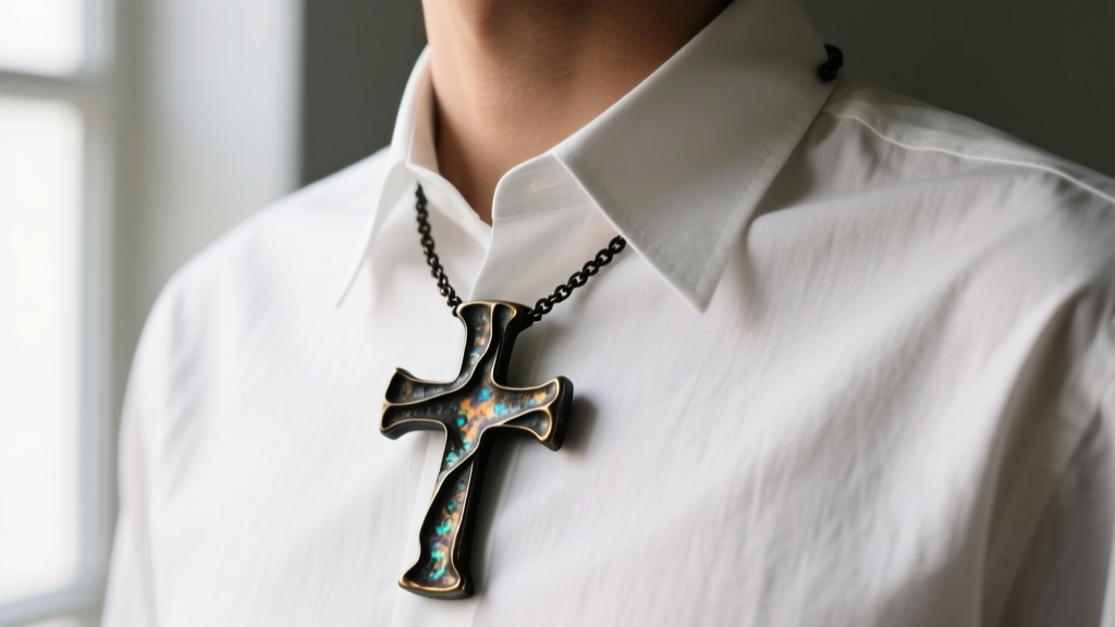 Side profile of a blackened bronze nail cross necklace with deep patina in crevices, worn over a crisp white linen collared shirt.