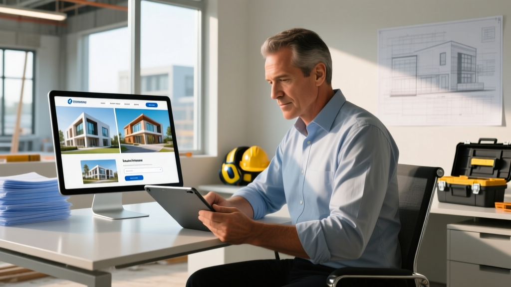 Contractor reviewing a tablet displaying a new construction company website with project portfolios and lead forms in a job site office