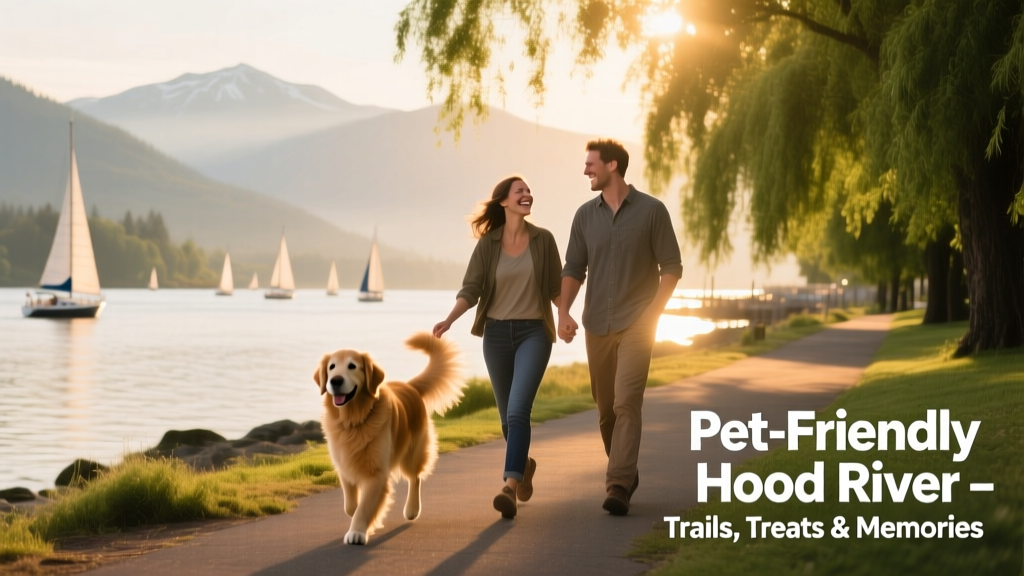 A couple walking their dog along the Hood River waterfront trail, with sailboats and the Columbia River in view