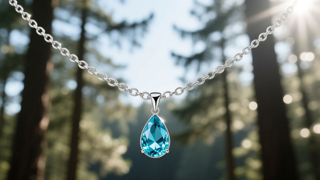 Side view of an 18-inch sterling silver rolo chain with an aquamarine teardrop pendant against a softly blurred forest backdrop.