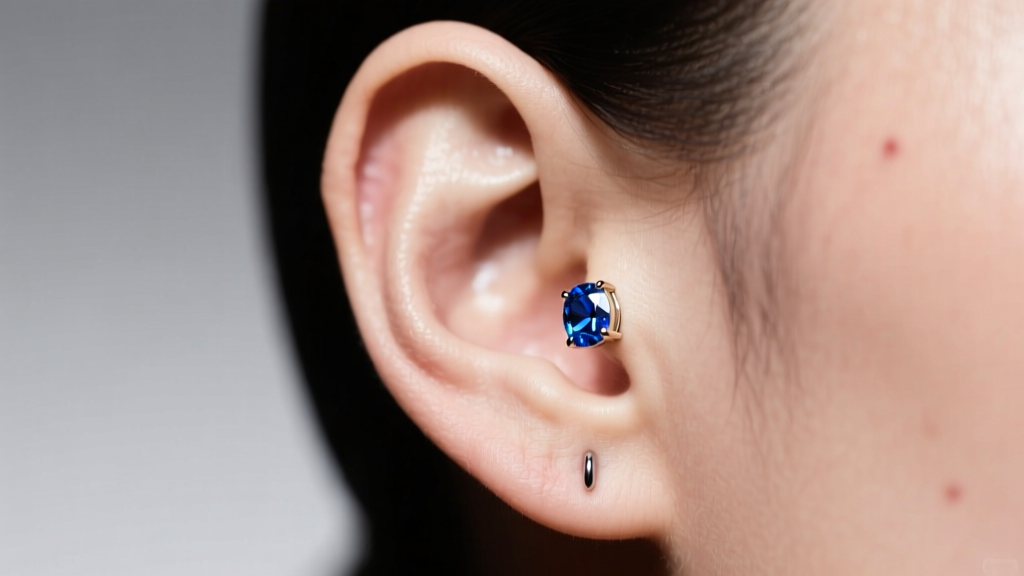 Side profile of ear cartilage with a flat-back 16g labret stud and bezel sapphire, highlighting healthy, bump-free healing tissue.