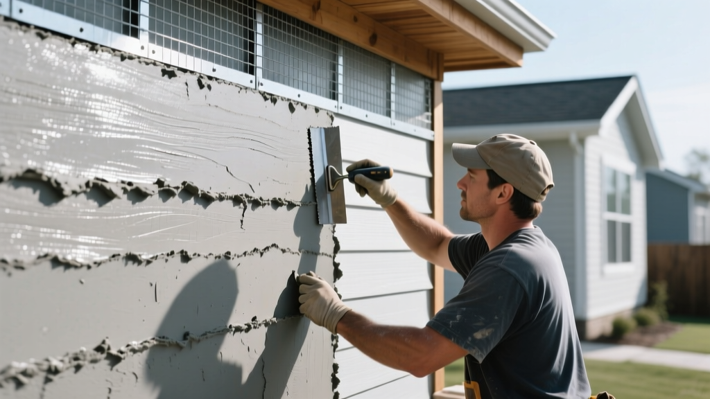 Mason applying wet gray traditional three-coat stucco siding material over metal lath and weather barrier on a residential exterior wall