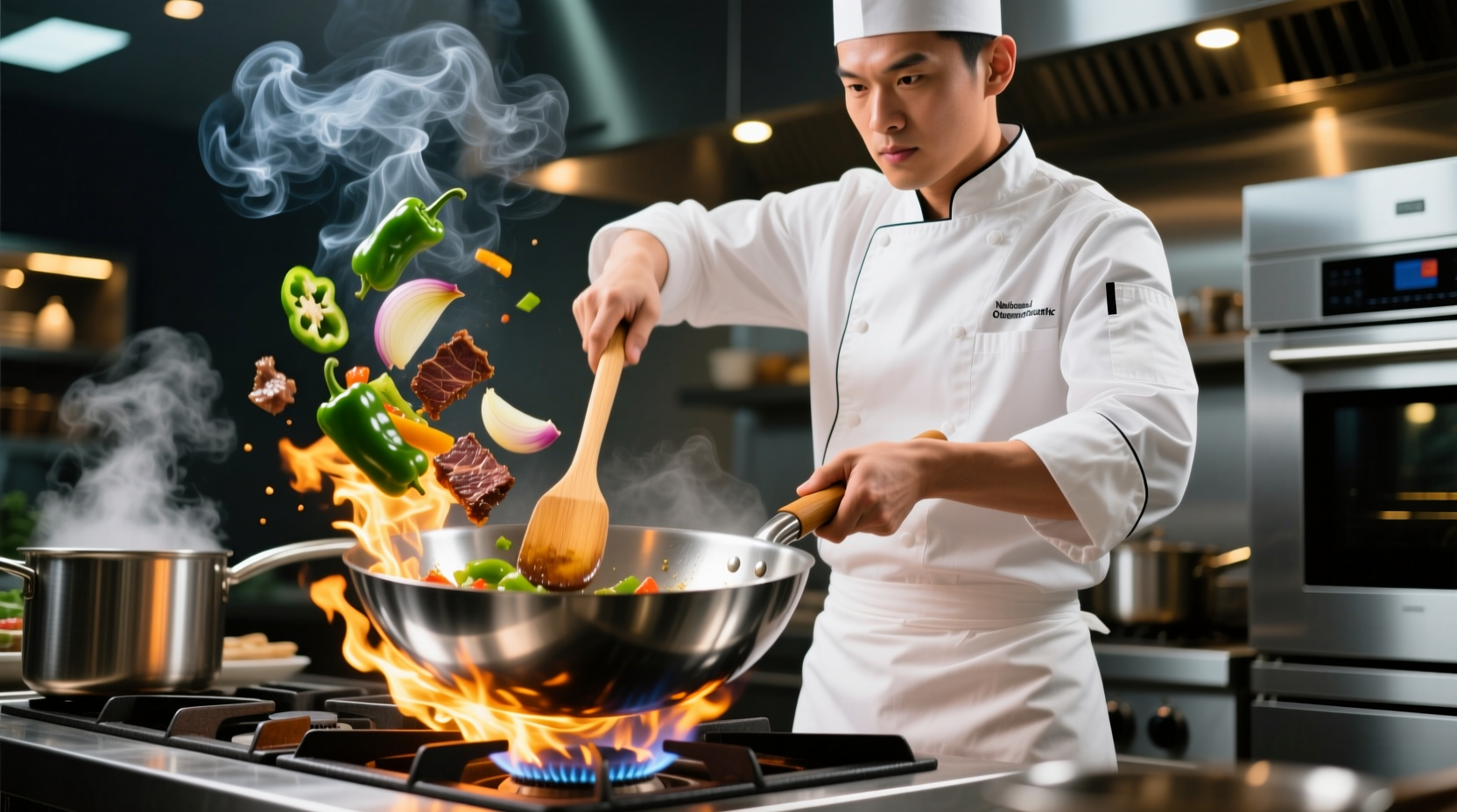 Professional chef stir frying in carbon steel wok