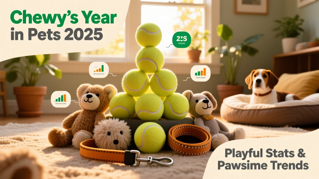 A vibrant infographic showing playful stats like tennis balls, plush toys, and leashes with fun visual comparisons