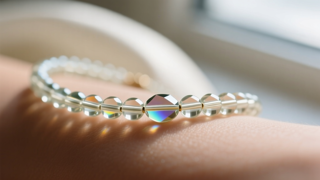Macro view of a 15/0 Charlotte seed bead necklace, showing one flat facet on each glass bead resting on skin in soft natural light.