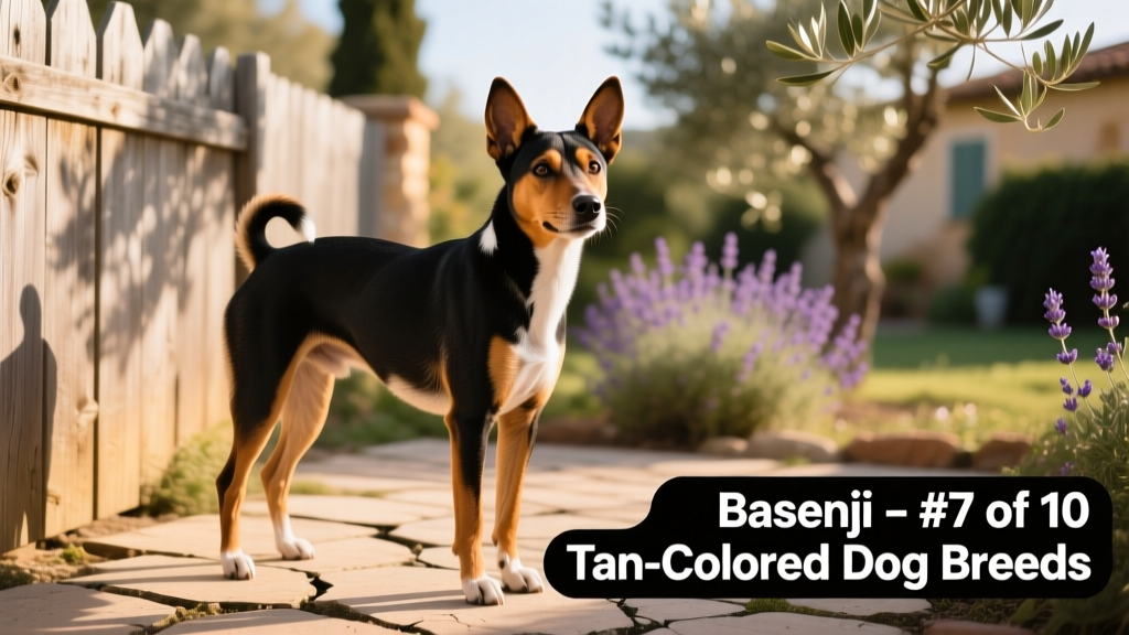 A tan-and-black Basenji standing alertly in a sunlit yard, ears pricked forward