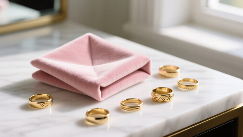 Close-up of a folded blush-pink micro-suede jewelry polishing cloth on a white marble vanity beside scattered 18k gold rings.